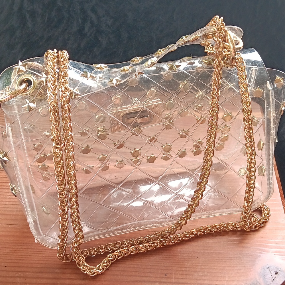 The Ofelia clear see thru Crossbody bag gold tone stars and hardware